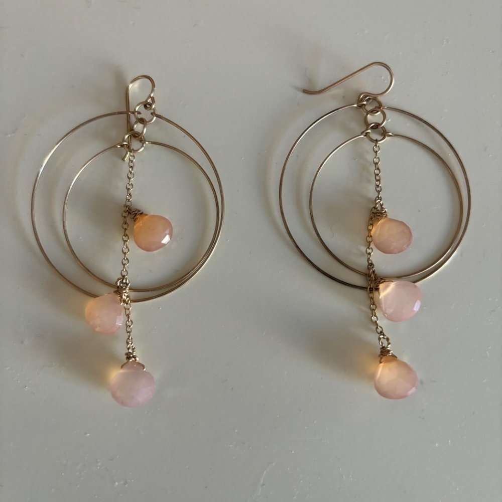 Pierced Earrings: Double gold hoops w rose quartz stones